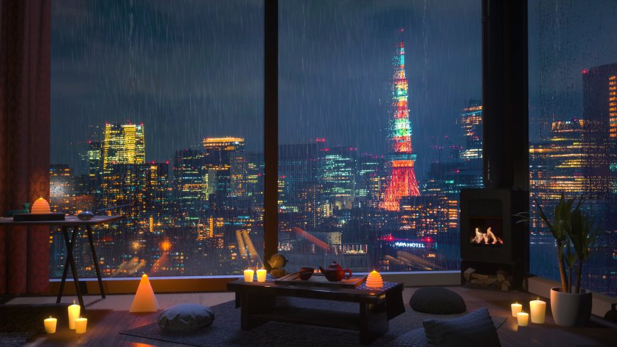 东京塔雨夜窗外城市夜景风景电脑壁纸