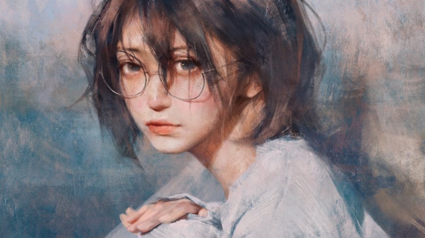 戴眼镜的短发少女侧脸凝视前方厚涂风格人物电脑壁纸
