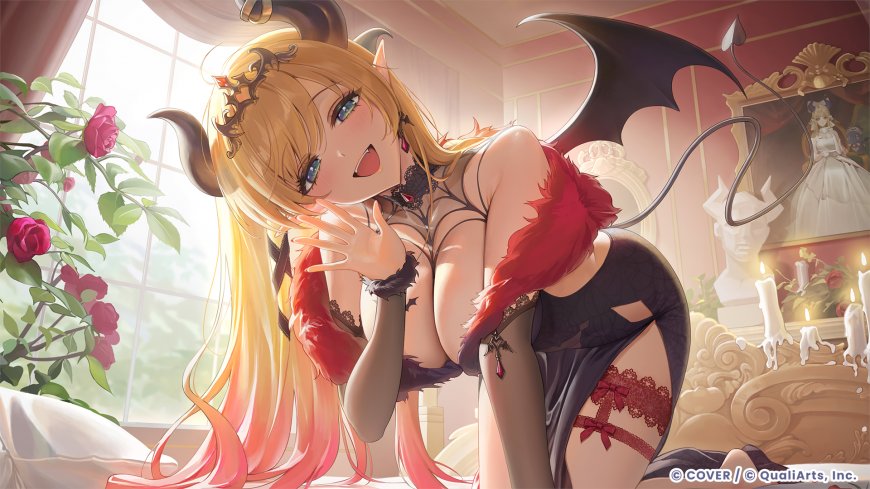 恶魔少女金发黑翼红裙室内魅惑动漫少女电脑壁纸