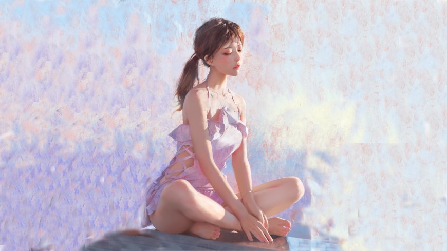 粉裙少女花海中静坐唯美人物电脑壁纸