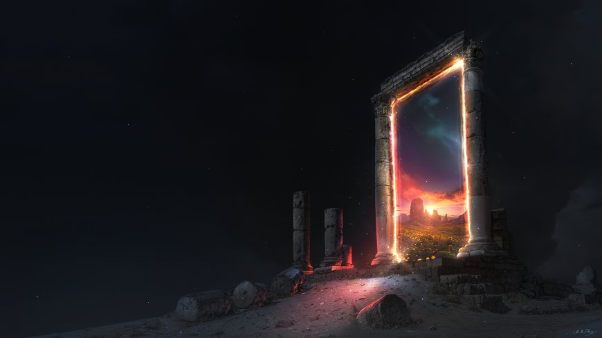 古代石柱门框内透出异世界日落与花海奇幻风景电脑壁纸
