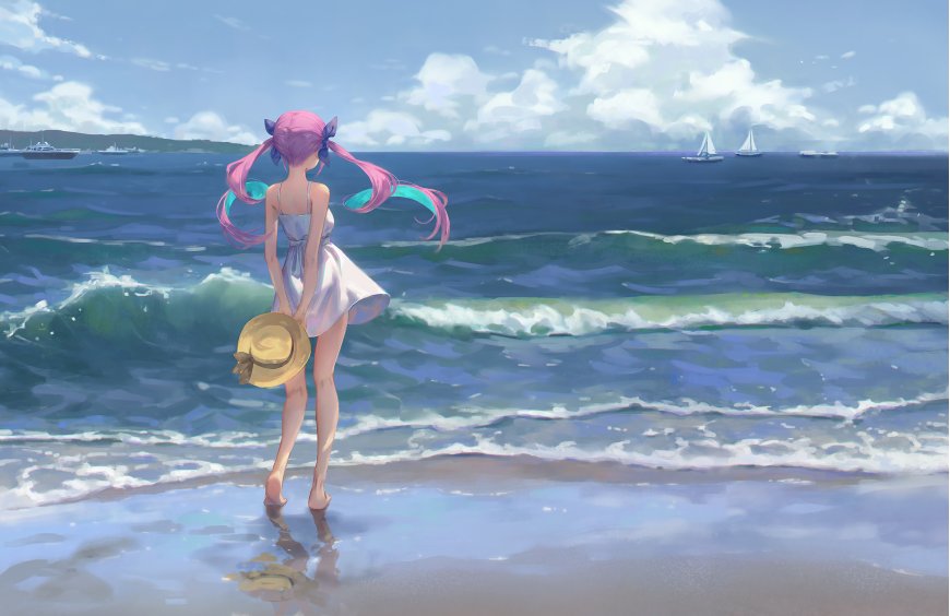 粉发少女海边背影夏日海滩电脑壁纸
