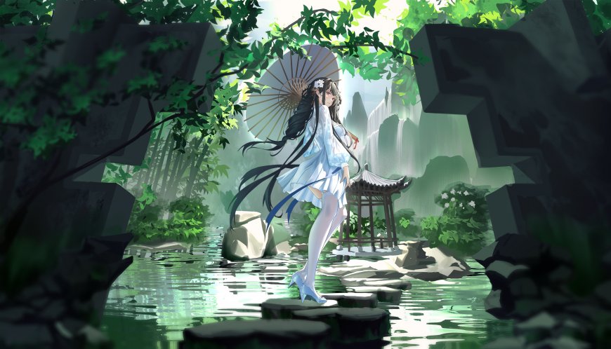 古风少女撑伞立于山水园林间唯美动漫少女电脑壁纸