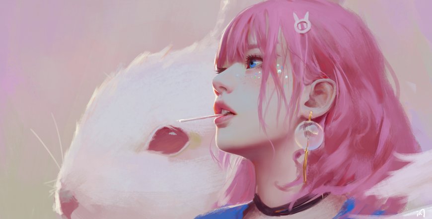 粉发少女与白兔亲密互动动漫电脑壁纸