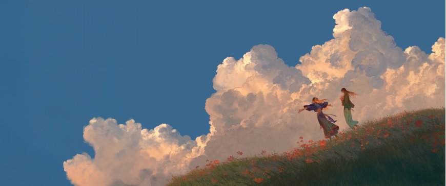 古风少女花海云海奔跑插画风景电脑壁纸
