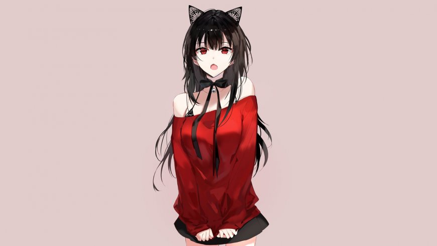黑发红瞳猫耳少女身穿红色露肩上衣动漫少女电脑壁纸