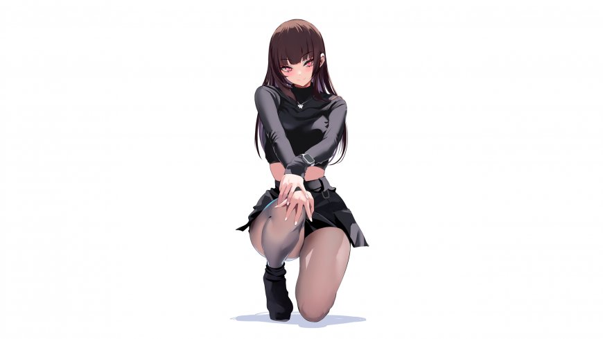黑发红瞳少女跪姿暗黑系动漫少女电脑壁纸