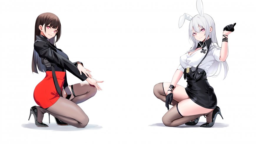 黑与白兔耳少女双姝跪姿动漫少女电脑壁纸