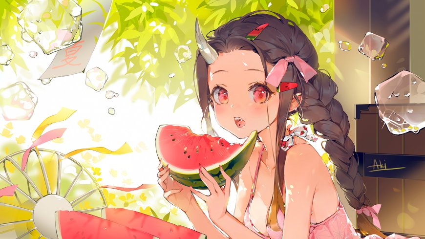 鬼灭之刃灶门祢豆子吃西瓜夏日场景动漫少女电脑壁纸
