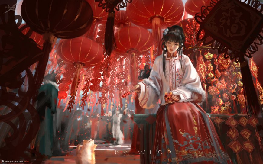 鬼刀角色小绿着汉服持糖葫芦动漫少女电脑壁纸