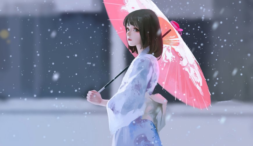 和风少女雪中撑红伞回望动漫少女电脑壁纸