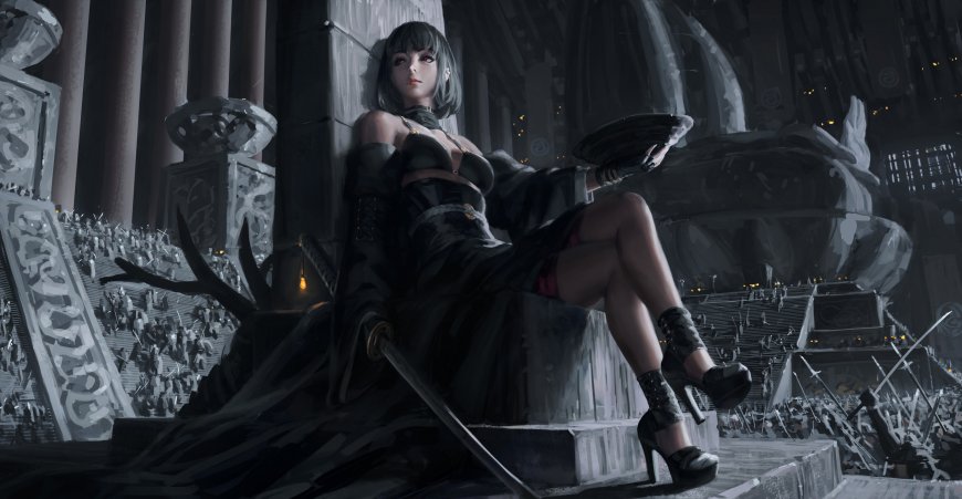 鬼刀剑之圣女坐于王座持扇暗黑奇幻动漫少女电脑壁纸