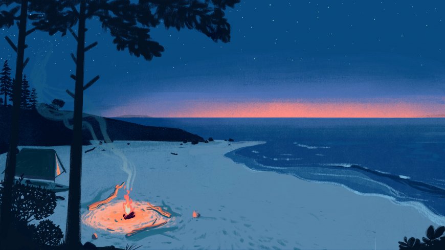 海边篝火星空帐篷剪影治愈插画电脑壁纸