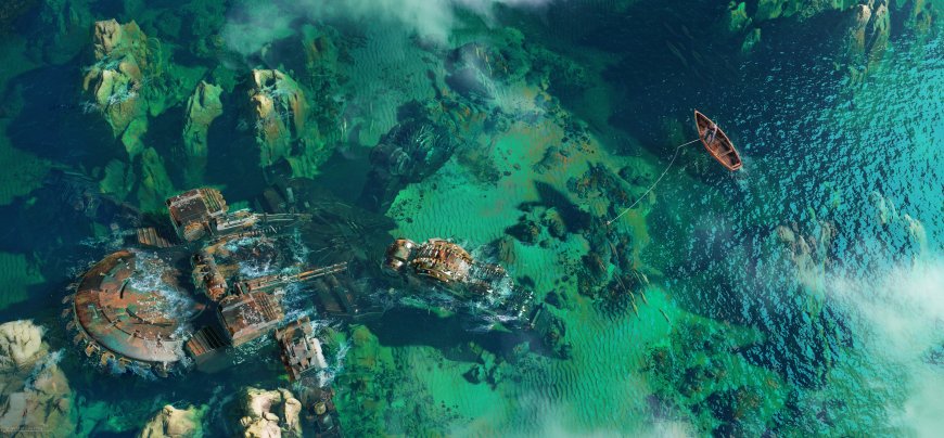 海底废墟与小船碧绿海水科幻风景电脑壁纸