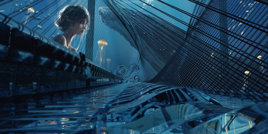 鬼刀海琴烟冰公主水下建筑水母环绕奇幻动漫少女电脑壁纸
