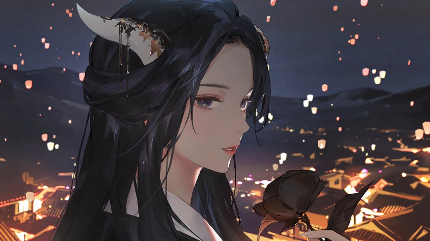 画师Yueko创作灯笼节兽角少女持黑玫瑰动漫少女电脑壁纸
