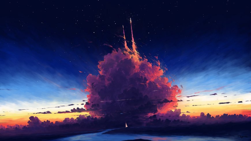 火箭升空晚霞星空海面航行风景电脑壁纸