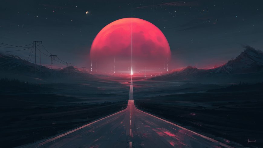 红月悬空公路延伸至远方科幻风景电脑壁纸