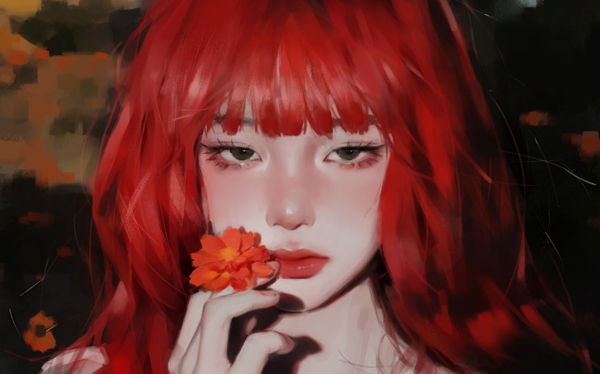 红发少女指尖夹花艺术插画人物电脑壁纸