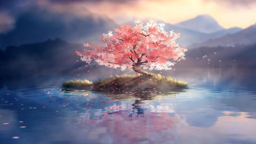 湖中孤树樱花飘落倒影唯美自然风景电脑壁纸