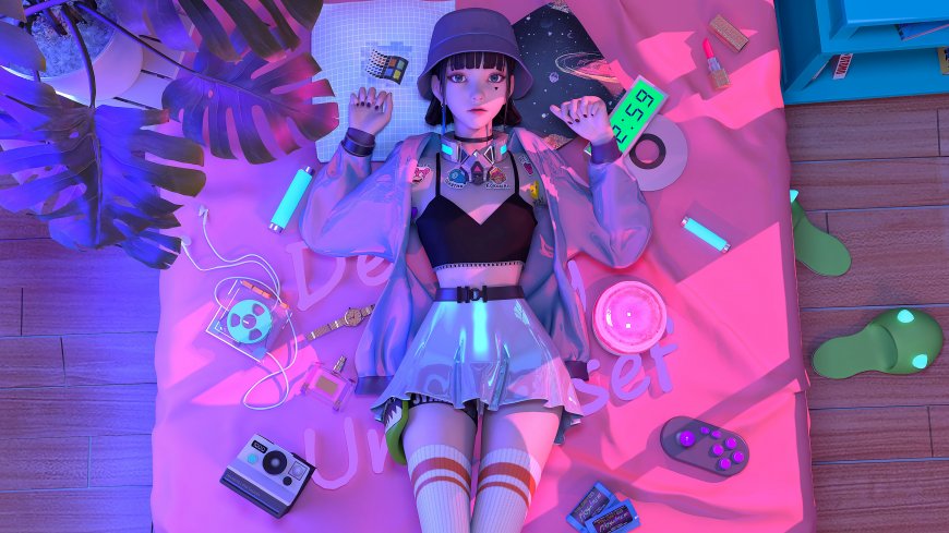集原美躺卧于粉紫霓虹灯光下的床上赛博朋克动漫少女电脑壁纸