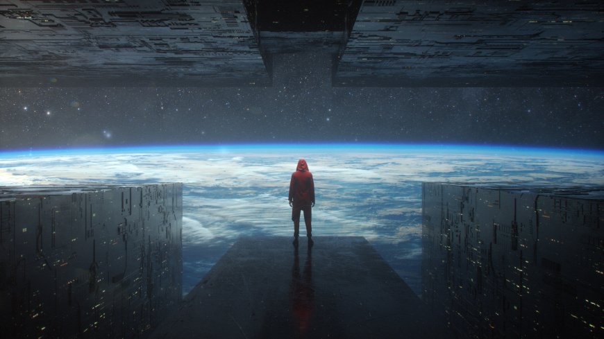 红斗篷人物太空站眺望地球科幻风景电脑壁纸