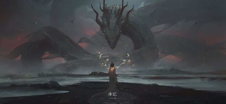 精卫传奇概念艺术海怪对峙奇幻场景创意电脑壁纸