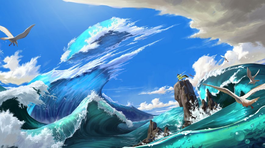巨浪中剑客伫立岩石之上搏击风浪风景电脑壁纸