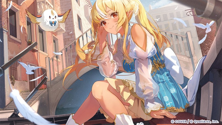 金发精灵少女运河边休憩动漫少女电脑壁纸