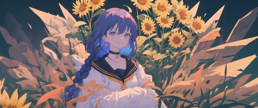 蓝发少女坐于向日葵花田中水手服动漫少女电脑壁纸