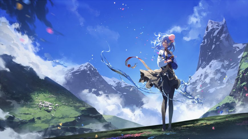 蓝发少女立于雪山草原间清新治愈动漫少女电脑壁纸