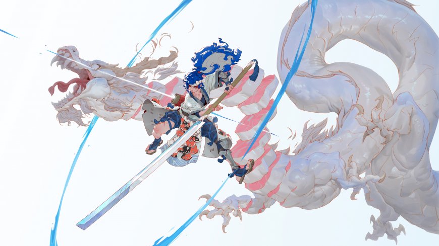 蓝发武士与白色巨龙对战热血战斗风动漫人物电脑壁纸