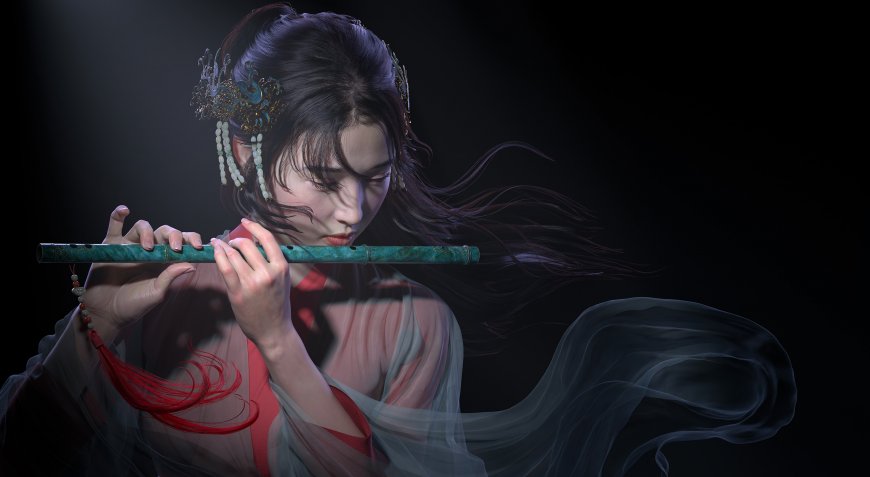 罗其胜笛声古风美女吹笛3D 动漫风格美女电脑壁纸