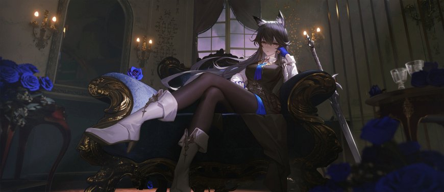 狼耳少女坐在欧式沙发上暗黑动漫电脑壁纸