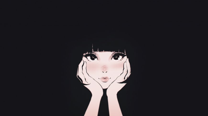 齐刘海少女双手托腮黑白漫画风动漫少女电脑壁纸