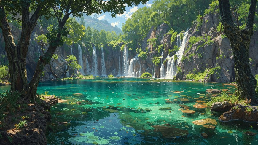 瀑布湖泊森林风景插画风景电脑壁纸