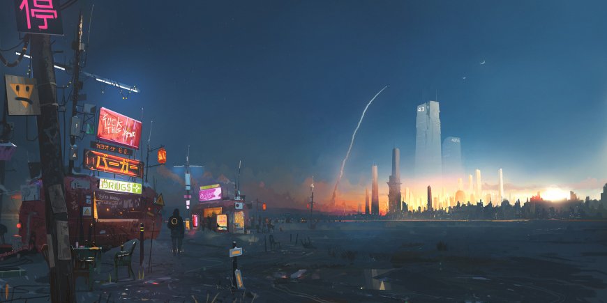 赛博朋克城市废墟霓虹夜景电脑壁纸