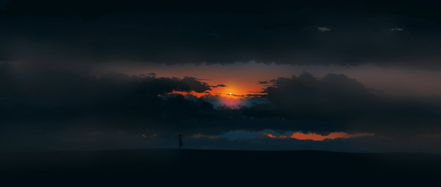 女孩伫立夕阳云层间剪影动漫风景电脑壁纸