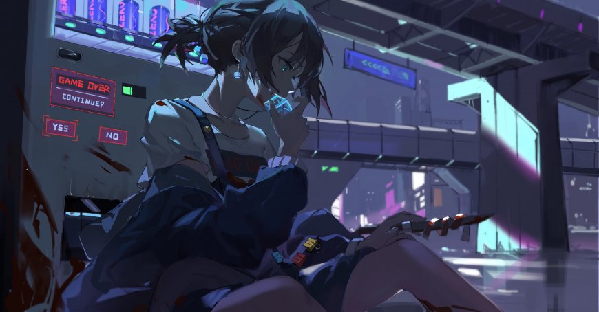 赛博朋克少女游戏机前沉思动漫少女电脑壁纸