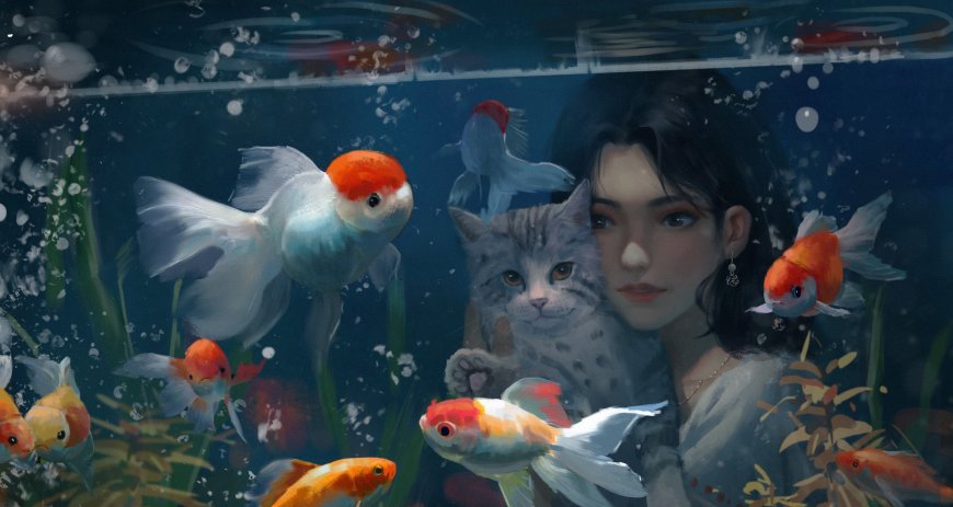 女性怀抱猫咪与金鱼水族箱前温馨场景美女电脑壁纸