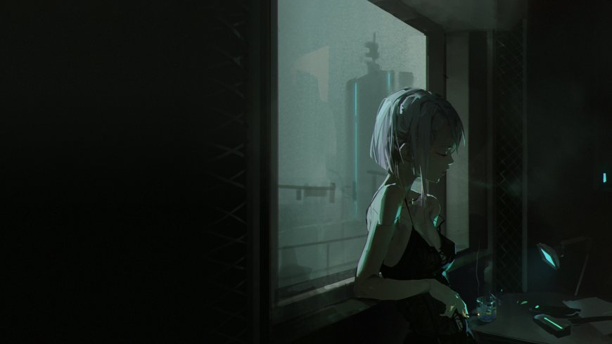 赛博朋克2077露西蕾贝卡窗边静坐暗调科幻动漫少女电脑壁纸