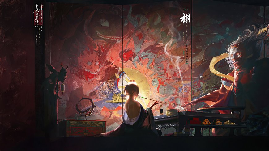 女性背对观众在屏风前执笔作画古风人物电脑壁纸