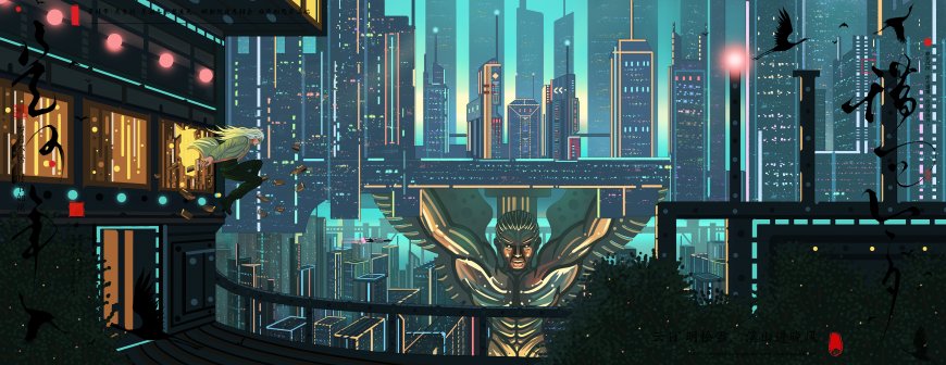 赛博朋克城市夜景东方元素建筑插画创意电脑壁纸