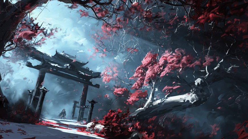 鸟居旁红叶纷飞武士伫立雪景风景电脑壁纸