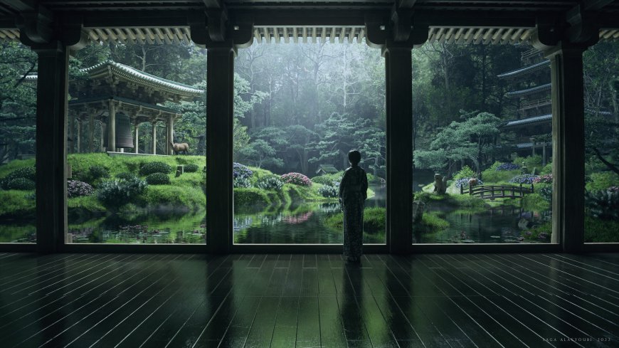 日式禅院中穿和服女性伫立望庭院风景电脑壁纸