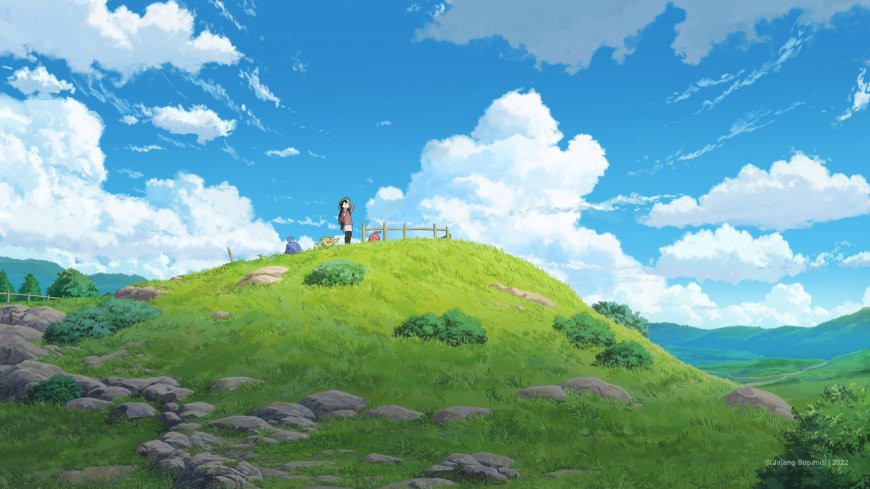 天空之城风格少女与宝可梦绿丘白云动漫风景电脑壁纸