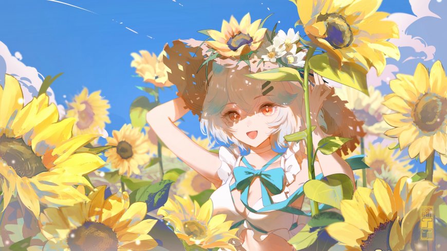 向日葵花田少女戴花环微笑动漫少女电脑壁纸