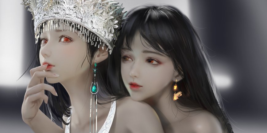 双生姐妹花银冠红瞳古风少女动漫电脑壁纸