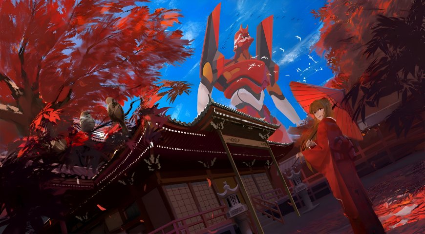 新世纪福音战士明日香和服红伞神社秋景动漫电脑壁纸