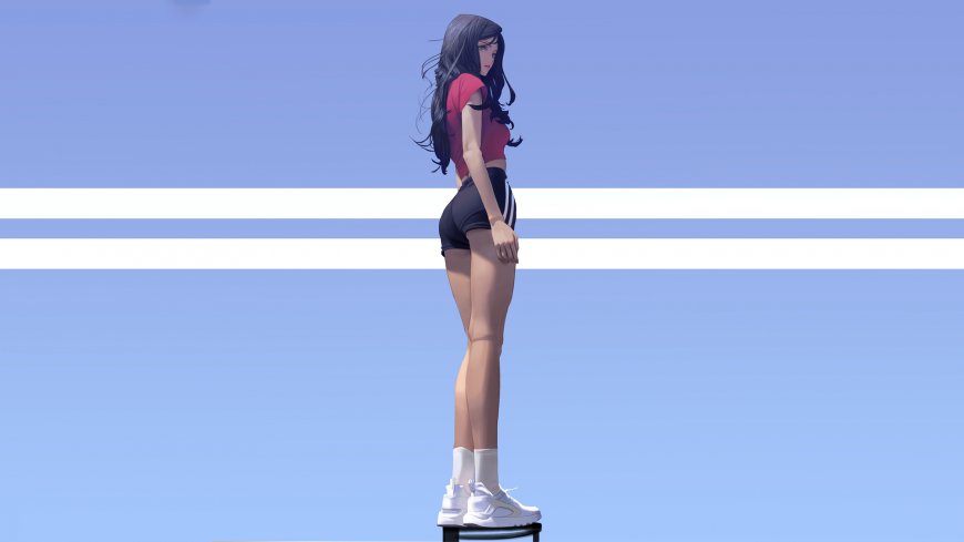 运动少女侧身站立插画人物电脑壁纸